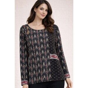 Dignity Not Charity Boho Black ikat Tribal Print Embroidered Top Sz L Lagenlook